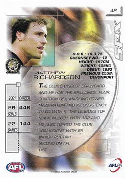 2002 Select AFL Exclusive SPX #48 Matthew Richardson Back